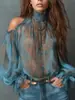 2026 Nueva Estación Independiente AliExpress Elegante Moda Hombros Descubiertos Sexy Gasa Mangas de Linterna Transparente Retro Top