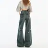 Jeans de pierna ancha estilo retro americano desgastado para mujer, nuevo estilo de verano 2026 delgado, no ajustados, pantalones ligeramente acampanados