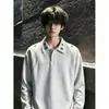 Sudadera con Capucha y Cuello Alto Gris Flor Blanca para Hombre Otoño Bordada Manga Larga Camiseta Marca de Moda Americana Camisa Base con Cuello