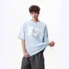Camiseta de Algodón Puro con Estampado de Letras Estilo Americano para Hombres y Mujeres, Top de Manga Corta Pesado de Verano High Street, Camisa de Media Manga Suelta y Fresca para Parejas