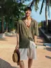 Camisa Tricotada Vazada com Gola Cubana Estilo Old Money Retrô para Homens, Camisa Solta de Manga Curta para Férias na Praia Havaiana de Verão