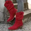 Botas Vaqueras de Tobillo Corto para Mujer, Estilo Slip-On, Otoño/Invierno 2026, Gamuza de Piel de Vaca, Punta Redonda, Forro de Felpa, Tacón Grueso, Talla 43