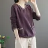 Nuevo Top Pulóver Holgado Versátil de Algodón y Lino con Mangas Largas, Cuello en V y Estampado Floral Vintage, Talla Grande, para Primavera y Otoño 2025