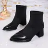 Botines de tobillo de talla grande para mujer, estilo retro patchwork de comercio exterior, punta fina, colección otoño/invierno 2026, botas de tacón grueso de gamuza, ajuste ceñido, botas elásticas