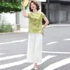 2026 Nuevo Top de Moda de Verano para Mamás, Tallas Grandes, Rejuvenecedor, Corte Holgado para Mujeres de Mediana Edad, Nuevo Conjunto Versátil de Dos Piezas Estilo Chino de Verano