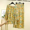 Traje de Aire Acondicionado de Verano para Mujer Conjunto de Dos Piezas para Madres, Ropa Casual de Algodón Artificial para el Hogar, Conjunto Delgado de Pijama y Pantalones de Dormir de Seda de Algodón