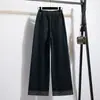 Foto Real de Jeans Azules de Pierna Ancha Talla Grande para Mujer, Primavera 2026, Súper Populares, Talla Petite, Pantalones Largos Rectos con Dobladillo Enrollado, Algodón