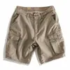 Bermuda de Trabalho Estilo Americano Amazon para Homens, Cor Cáqui de Verão, Calça de Cinco Pontos, Perna Reta Casual Tendência de Marca com Múltiplos Bolsos