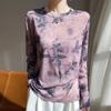 Suéter Base Versátil de Lyocell Tencel Tie-Dye Corto Casual de Cuello Redondo de Manga Larga para Mujer Otoño 2025 Transfronterizo