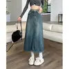 Falda Vaquera Nueva de Otoño con Cintura Alta, Diseño de Nicho, Borde Crudo con Abertura, Corte A, Falda Azul Petite para Mujer