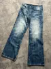 Jeans Retro Americanos Azul Oscuro con Grietas de Rayos para Hombre y Mujer Pantalones Sueltos de Pierna Ancha Pantalones Rectos Lavados Micro-pantalones