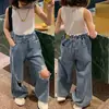 Pantalones de Niña con Diseño Único Desgastado, Jeans de Pierna Ancha, Pantalones Largos, Nueva Moda Primavera y Otoño 2026, Ropa Infantil de Exportación para Niños, Modernos