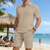 Conjunto de Dos Piezas para Hombre de Verano, Polo con Textura de Raya Vertical, Solapa, Manga Corta, Shorts con Cordón, Conjunto Casual de Playa