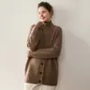 Tricô de Cashmere Feminino Cinco Agulhas Quatro Fios Gola V Comprimento Médio Botão Único Cardigã Feminino Manga Longa Jaqueta Quente Estilo Preguiçoso