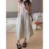 Vestido feminino chique de verão, estilo vintage, com cordão, cintura justa, bolso grande e zíper