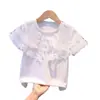 Camiseta de manga corta de algodón puro con cuello de encaje para niñas (verano 2024)
