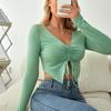 2026 Top Corto Cruzado Europeo y Americano Primavera y Otoño Cuello en V Manga Larga Fruncido Sexy Casual Atado Versátil Camiseta de Color Sólido Top para Mujer