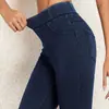 Calça Jeans de Imitação de Cintura Alta Europeia e Americana para Mulheres, Justa ao Corpo, Efeito Emagrecedor, Levanta Bumbum, Firma a Barriga, Roupa Externa Elástica, Calças com Bolso Duplo na Parte de Trás, Fitness, Lazer, Yoga