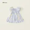 Vestido Infantil Estilo Pastoral 2025 Fresco e Doce Floral Meninas Verão Novo Decote Quadrado Manga Bufante Vestido Infantil
