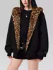 Sudadera Cálida de Orejas de Conejo Lindas para Otoño e Invierno Chaqueta de Forro con Estampado de Leopardo con Cremallera y Capucha