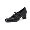Sapatos Mary Jane Versáteis de Laço Duplo Estilo Francês Outono 2026 Salto Alto Grosso Bico Quadrado Couro Genuíno Boca Rasa Sapatos Individuais para Mulheres