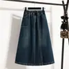 Nova Saia Jeans Outono Plus Size Cintura Elástica Solta Comprimento Médio Linha A Cobrindo Barriga Moda para Gordinhas