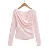 660-26 Verano Estilo Coreano Ins Blogger Pura Deseo Diseño Fruncido Color Macarrón Liso Manga Larga Camiseta Camisa Base