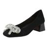 Sapatos de Couro Genuíno de Salto Alto com Laço de Strass para Mulheres, Bico Baixo, Salto Bloco, Sapatos de Fada Franceses, Novo Modelo 2026, Sapatos de Pele de Ovelha para o Dia a Dia