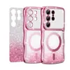 Funda magnética para teléfono Samsung S26Ultra con diamantes de imitación brillantes galvanizados, S25+ con patrón ondulado, ventana grande, anticaída