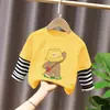 Camiseta de manga larga con estampado de dibujos animados, elegante y linda, estilo coreano, para bebés niños, ropa de otoño, algodón puro, retazos, imitación de dos piezas