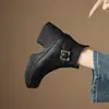 Botines de Piel de Oveja con Suela Gruesa 2025 para Mujeres Bajitas, Cómodos y que Aumentan la Altura, con Tacones Gruesos Altos, Punta Redonda y Detalles de Hebilla, Botines Cortos de Piel Genuina para Mujer