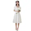 Elegante vestido branco de verão com decote quadrado e mangas bufantes, simples, acinturado, slim-fit, leve, para noivado e registro