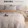 Juego de ropa de cama de cuatro piezas 100% algodón, ropa de cama de algodón a rayas simple, funda de edredón, sábana bajera, juego de tres piezas para dormitorio de estudiante, sábana bajera para niños