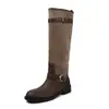 Botas de montaria color block em couro bovino e pelo sintético, botas longas de cano alto femininas, novo estilo de inverno, couro genuíno, bico redondo, salto médio, botas de cano até o joelho para mulheres