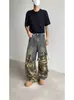 Jeans Cargo Camuflaje Americanos Retro Lavados Desgastados Rasgados Falsos de Dos Piezas Holgados Sueltos de Pierna Ancha