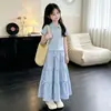 Conjunto de Duas Peças Estiloso para Meninas Verão 2026: Saia Longa com Laço e Camiseta Doce e Fofa de Manga Curta