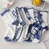 Meias de urso femininas de comprimento médio para outono e inverno, meias fofas para estudantes, estilo japonês ins, meias xadrez azuis da moda, femininas para primavera e outono