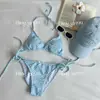 Biquíni de Banho Azul Floral Doce Estilo Puro Desejo Roupa de Praia para Férias na Ilha Proteção Solar da Praia Saída de Praia Sexy Novo Estilo