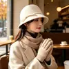 Chapéu de Pescador com Laço Face Pequena Vento de Mil Jin Feminino Outono Inverno Versátil Chapéu de Feltro Chapéu Fedora de Lã Australiana Chapéu Balde Francês