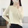 Suéter de punto para mujer de algodón puro con borde enrollado y cuello redondo, nuevo top de punto acanalado de color liso, manga larga y corte holgado para otoño e invierno