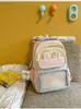 Nova Mochila Infantil Patchwork de Bolinhas Azul Claro e Cor Creme com Orelhas de Coelho e Laço, Mochila Estudantil Estilo Soft Girl