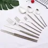 Juego de cuchillo, tenedor y cuchara de acero inoxidable estilo coreano, vajilla occidental, cuchillo de mesa, tenedor de postre, tenedor y cuchillo para bistec, juego de ocho piezas