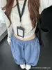 Pantalones de cuadros azules para mujer, pantalones de pierna ancha para otoño con efecto de caída, tacto de alta gama, corte holgado, estilo boyfriend, pantalones casuales de cintura alta con cordón