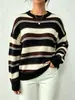 Suéter de Punto a Rayas Nuevo Transfronterizo para Mujer, Estilo Perezoso Holgado de Otoño e Invierno, Pulóver de Cuello Redondo de Manga Larga, Top de Comercio Exterior