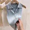 Camisola de punto color albaricoque con cuello polo para mujer, fina de seda helada de verano, ajustada, sin mangas, suéter corto
