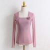Top de Verano y Otoño de Cuello Cuadrado y Manga Larga, Morado-Rosa con Volantes Cubriendo los Hombros y Exponiendo la Clavícula, Camiseta Básica de Malla para Práctica de Danza