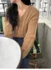 Nuevo Suéter de Punto de Lana Pura con Cuello en V para Mujer, Suéter Base Suave de Manga Larga, Moda Casual Simple Holgada