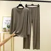 Pantalones Largos de Modal Traje para Casa para Hombre Otoño Delgado Camiseta de Cuello Redondo Pantalones Rectos Sueltos Conjunto de Dos Piezas