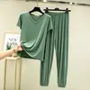Nuevo modelo de verano, conjunto de dos piezas de modal con cuello en V y manga corta, cintura alta, pantalones para casa, estilo coreano, holgado, simple, ropa de estar