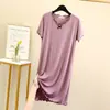 Novo modelo de verão, camisola curta de modal com babados e manga curta, design fino com laço, solta, casual, confortável, vestido para casa
